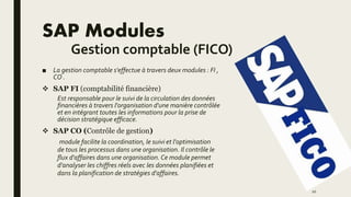 SAP Modules
Gestion comptable (FICO)
■ La gestion comptable s'effectue à travers deux modules : FI ,
CO .
 SAP FI (comptabilité financière)
Est responsable pour le suivi de la circulation des données
financières à travers l'organisation d'une manière contrôlée
et en intégrant toutes les informations pour la prise de
décision stratégique efficace.
 SAP CO (Contrôle de gestion)
module facilite la coordination, le suivi et l'optimisation
de tous les processus dans une organisation. Il contrôle le
flux d'affaires dans une organisation. Ce module permet
d'analyser les chiffres réels avec les données planifiées et
dans la planification de stratégies d'affaires.
10
 