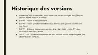 Historique des versions
 Voici en bref, afin de ne pas être perdu sur certains termes employés, les différentes
versions de SAP au cours du temps :
 SAP R/1 : version de développement.
 SAP R/2 : version opérationnelle et stable de l'ERP sur gros systèmes (architecture
mainframe)
 SAP R/3 : décliné en plusieurs sous-versions de 2.1 à 4.7. Cette version R/3 est en
architecture dite Client/Serveur.
 SAP ECC : ou ERP Central Component que nous pouvons trouver en version 5 et 6, très
utilisée aussi en entreprise.
15
 
