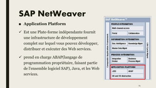 SAP NetWeaver
■ Application Platform
 Est une Plate-forme indépendante fournit
une infrastructure de développement
complet sur lequel vous pouvez développer,
distribuer et exécuter des Web services.
 prend en charge ABAP(langage de
programmation propriétaire, faisant partie
de l'ensemble logiciel SAP), Java, et les Web
services.
24
 