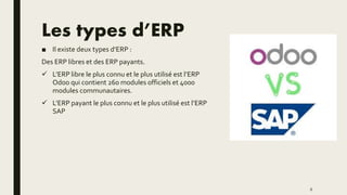 Les types d’ERP
■ Il existe deux types d’ERP :
Des ERP libres et des ERP payants.
 L’ERP libre le plus connu et le plus utilisé est l’ERP
Odoo qui contient 260 modules officiels et 4000
modules communautaires.
 L’ERP payant le plus connu et le plus utilisé est l’ERP
SAP
6
 