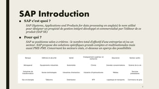 SAP Introduction
■ SAP c'est quoi ?
SAP (Systems, Applications and Products for data processing en anglais) le nom utilisé
pour désigner un progiciel de gestion intégré développé et commercialisé par l'éditeur de ce
produit (SAP SE)
■ Pour qui ?
SAP se positionne selon 2 critères : le nombre total d'effectif d'une entreprise et/ou un
secteur. SAP propose des solutions spécifiques grands comptes et multinationales mais
aussi PME-PMI. Concernant les secteurs visés, ci-dessous un aperçu des possibilités
Banque Défense et sécurité Santé
Enseignement supérieur et
recherche
Assurance Secteur public
Aérospacial Equipements industriels Automobile Chimie Grandes consommations Science de la vie
Industries de
transformation
Autres technologies Industries d'extraction Industrie d'hydrocarbures Médias
Services
prestataires
Eau et énergies Télécoms Distribution BTP Logistique et transports Commerce de gros
7
 