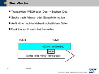 IDoc -Suche

  Transaktion: WE09 oder IDoc -> Suchen IDoc

  Suche nach Adress- oder Steuerinformation

  Auffindbar nach betriebswirtschaftlichen Daten

  Funktion sucht nach Zeichenketten




47            19.07.10
 