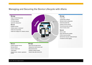Managing and Securing the Device Lifecycle with Afaria


   Manage                                                                        Manage
   Assign membership/policies                                                    Track asset
   Configure devices                                                             Update/repair software
   OTA client delivery                                                           Maintain/modify configuration
   Application deployment                                                        Distribute/update files
   Secure                                                                        Software license tracking

   Establish policies                                                            Schedule/automate activities

   Initialize power-on password                                                  Device remote control

   Install and encrypt data                                                      Secure
   Install and configure AV, firewall, controls                                  Back-up data
                                                                                 Apply patch/security updates
                                                                                 Enforce security policies
                                                                                 Monitor/track security violations/threats
                                                                                 Compliance activity logging




   Secure                                     Manage
   Disable lost/stolen device                 Reprovision/reimage device
   Remote kill/lock                           Replacement device-same user
   Access violation lock                      Repurposed device
   “Data fading”                              Redeploy software assets
   Disable device, network, application       Restore data (after device kill)
   access




© 2011 SAP AG. All rights reserved.                                                                                          7
 