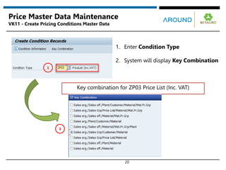 20
Price Master Data Maintenance
VK11 - Create Pricing Conditions Master Data
Key combination for ZP03 Price List (Inc. VAT)
1. Enter Condition Type
2. System will display Key Combination
1
2
 
