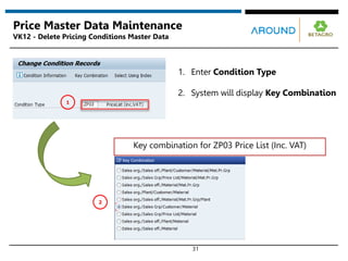 Key combination for ZP03 Price List (Inc. VAT)
31
Price Master Data Maintenance
VK12 - Delete Pricing Conditions Master Data
2
1
1. Enter Condition Type
2. System will display Key Combination
 