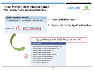 Key combination for ZP03 Price List (Inc. VAT)
35
Price Master Data Maintenance
VK13 - Display Pricing Conditions Master Data
2
1
1. Enter Condition Type
2. System will display Key Combination
 