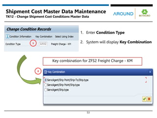 53
1
1. Enter Condition Type
2. System will display Key Combination
Shipment Cost Master Data Maintenance
TK12 - Change Shipment Cost Conditions Master Data
Key combination for ZFS2 Freight Charge - KM
2
 