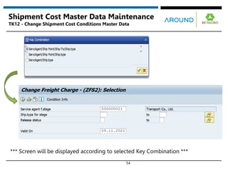 54
*** Screen will be displayed according to selected Key Combination ***
Shipment Cost Master Data Maintenance
TK12 - Change Shipment Cost Conditions Master Data
 