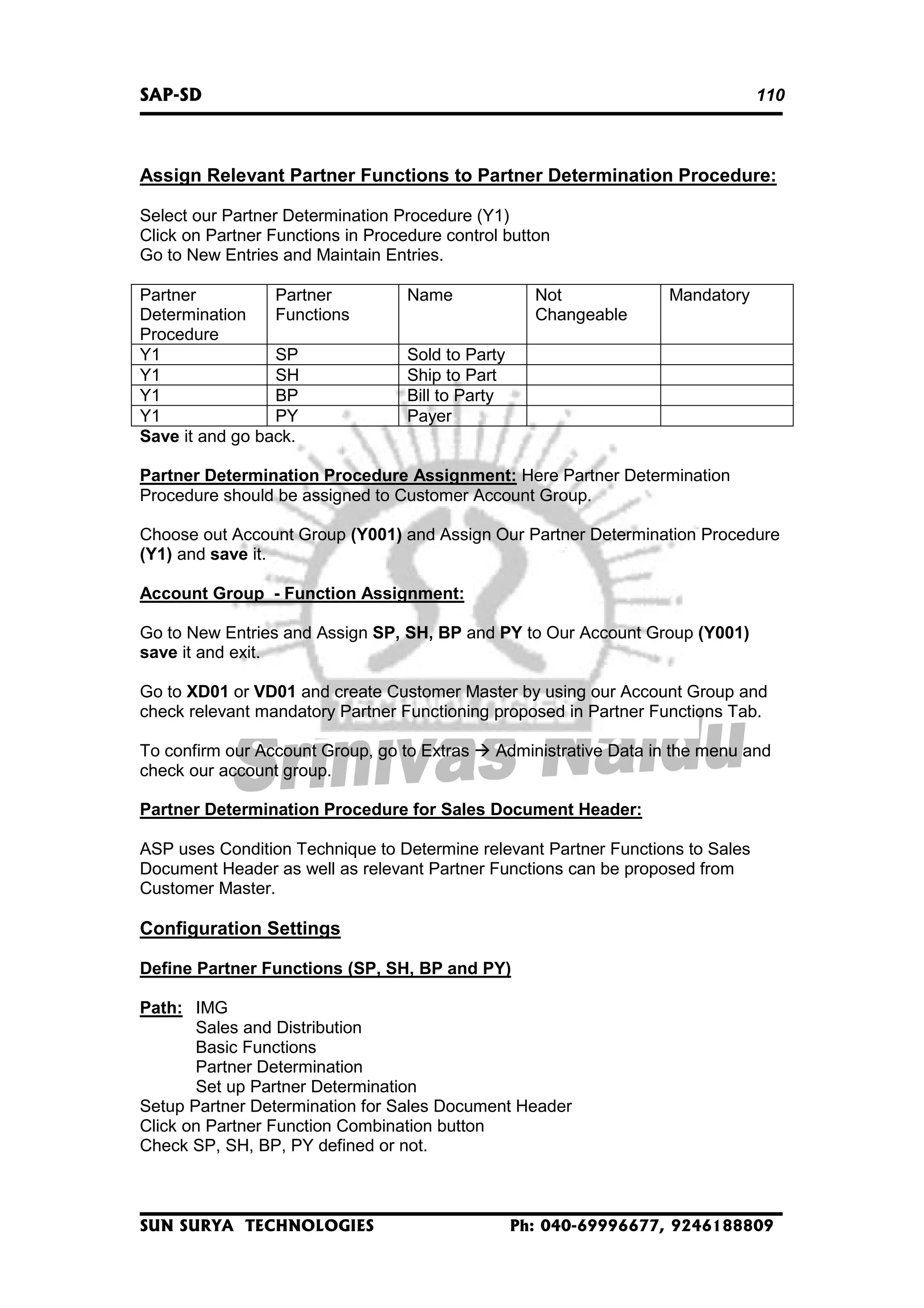 SAP-SD

110

Assign Relevant Partner Functions to Partner Determination Procedure:
Select our Partner Determination Procedure (Y1)
Click on Partner Functions in Procedure control button
Go to New Entries and Maintain Entries.
Partner
Partner
Determination
Functions
Procedure
Y1
SP
Y1
SH
Y1
BP
Y1
PY
Save it and go back.

Name

Not
Changeable

Mandatory

Sold to Party
Ship to Part
Bill to Party
Payer

Partner Determination Procedure Assignment: Here Partner Determination
Procedure should be assigned to Customer Account Group.
Choose out Account Group (Y001) and Assign Our Partner Determination Procedure
(Y1) and save it.
Account Group - Function Assignment:
Go to New Entries and Assign SP, SH, BP and PY to Our Account Group (Y001)
save it and exit.
Go to XD01 or VD01 and create Customer Master by using our Account Group and
check relevant mandatory Partner Functioning proposed in Partner Functions Tab.
To confirm our Account Group, go to Extras
check our account group.

Administrative Data in the menu and

Partner Determination Procedure for Sales Document Header:
ASP uses Condition Technique to Determine relevant Partner Functions to Sales
Document Header as well as relevant Partner Functions can be proposed from
Customer Master.

Configuration Settings
Define Partner Functions (SP, SH, BP and PY)
Path: IMG
Sales and Distribution
Basic Functions
Partner Determination
Set up Partner Determination
Setup Partner Determination for Sales Document Header
Click on Partner Function Combination button
Check SP, SH, BP, PY defined or not.

SUN SURYA TECHNOLOGIES

Ph: 040-69996677, 9246188809

 