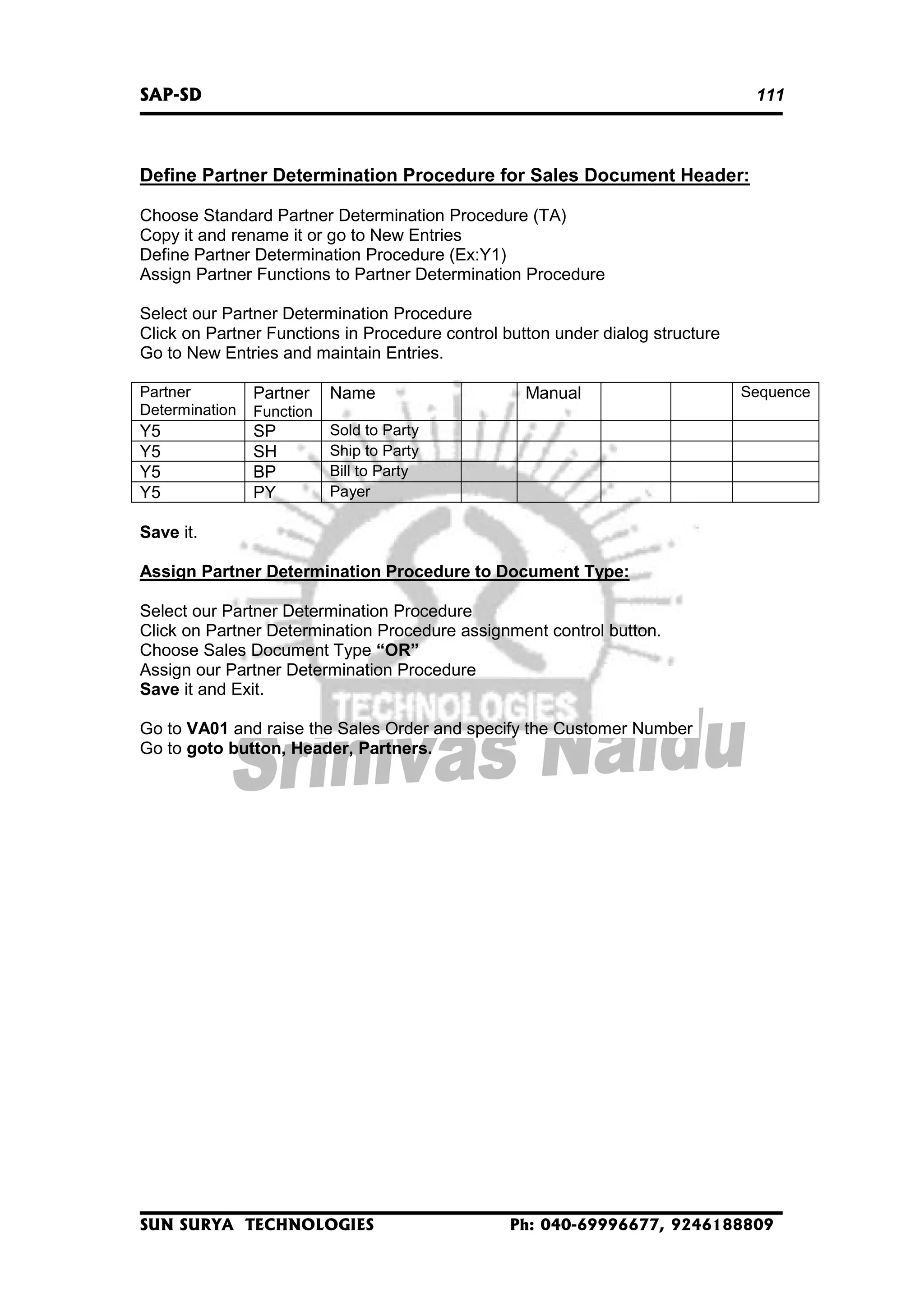 SAP-SD

111

Define Partner Determination Procedure for Sales Document Header:
Choose Standard Partner Determination Procedure (TA)
Copy it and rename it or go to New Entries
Define Partner Determination Procedure (Ex:Y1)
Assign Partner Functions to Partner Determination Procedure
Select our Partner Determination Procedure
Click on Partner Functions in Procedure control button under dialog structure
Go to New Entries and maintain Entries.
Partner
Determination

Partner

Y5
Y5
Y5
Y5

SP
SH
BP
PY

Name

Manual

Sequence

Function
Sold to Party
Ship to Party
Bill to Party
Payer

Save it.
Assign Partner Determination Procedure to Document Type:
Select our Partner Determination Procedure
Click on Partner Determination Procedure assignment control button.
Choose Sales Document Type “OR”
Assign our Partner Determination Procedure
Save it and Exit.
Go to VA01 and raise the Sales Order and specify the Customer Number
Go to goto button, Header, Partners.

SUN SURYA TECHNOLOGIES

Ph: 040-69996677, 9246188809

 