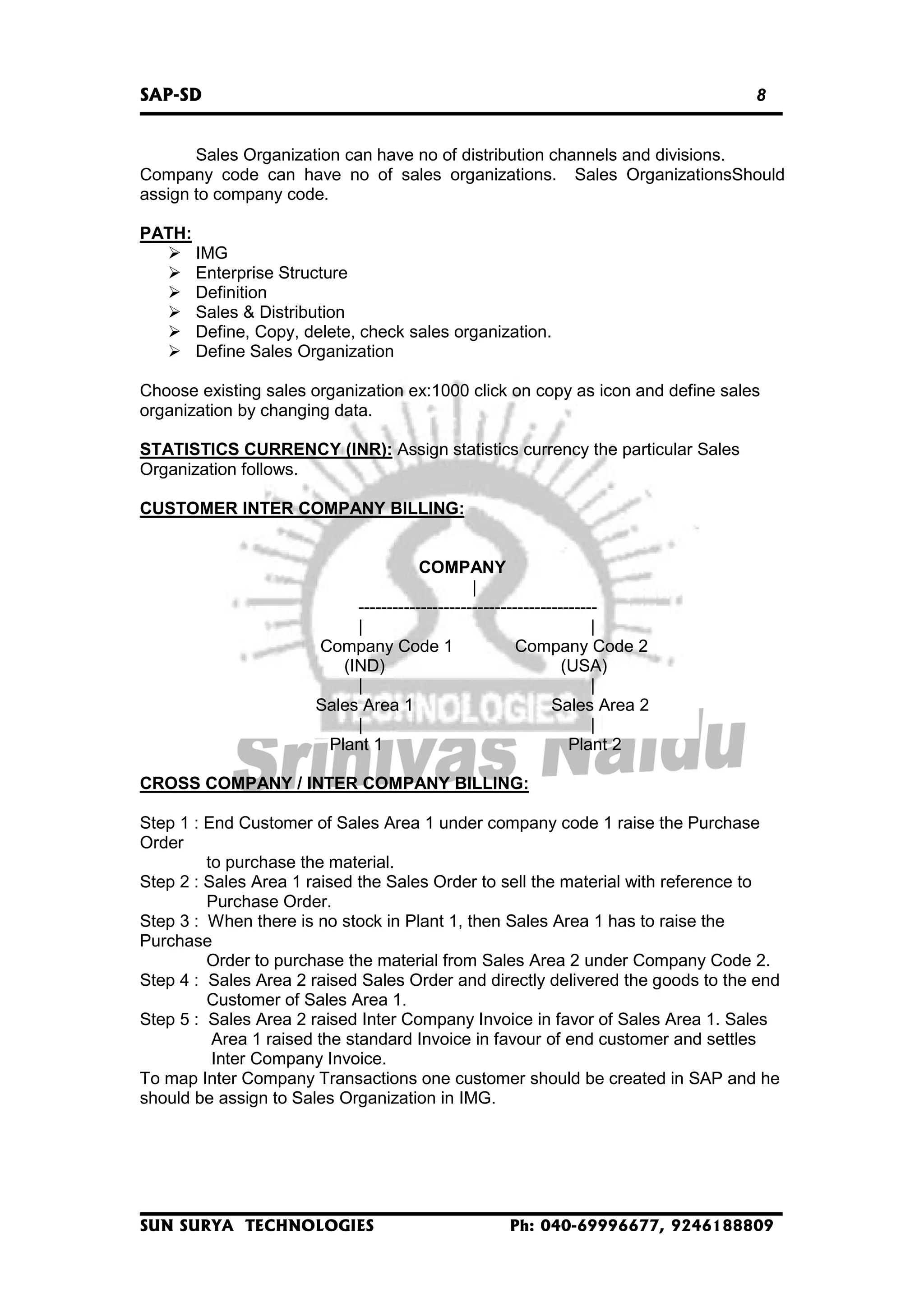 SAP-SD

8

Sales Organization can have no of distribution channels and divisions.
Company code can have no of sales organizations. Sales OrganizationsShould
assign to company code.
PATH:
IMG
Enterprise Structure
Definition
Sales & Distribution
Define, Copy, delete, check sales organization.
Define Sales Organization
Choose existing sales organization ex:1000 click on copy as icon and define sales
organization by changing data.
STATISTICS CURRENCY (INR): Assign statistics currency the particular Sales
Organization follows.
CUSTOMER INTER COMPANY BILLING:
COMPANY
|
-----------------------------------------|
|
Company Code 1
Company Code 2
(IND)
(USA)
|
|
Sales Area 1
Sales Area 2
|
|
Plant 1
Plant 2
CROSS COMPANY / INTER COMPANY BILLING:
Step 1 : End Customer of Sales Area 1 under company code 1 raise the Purchase
Order
to purchase the material.
Step 2 : Sales Area 1 raised the Sales Order to sell the material with reference to
Purchase Order.
Step 3 : When there is no stock in Plant 1, then Sales Area 1 has to raise the
Purchase
Order to purchase the material from Sales Area 2 under Company Code 2.
Step 4 : Sales Area 2 raised Sales Order and directly delivered the goods to the end
Customer of Sales Area 1.
Step 5 : Sales Area 2 raised Inter Company Invoice in favor of Sales Area 1. Sales
Area 1 raised the standard Invoice in favour of end customer and settles
Inter Company Invoice.
To map Inter Company Transactions one customer should be created in SAP and he
should be assign to Sales Organization in IMG.

SUN SURYA TECHNOLOGIES

Ph: 040-69996677, 9246188809

 