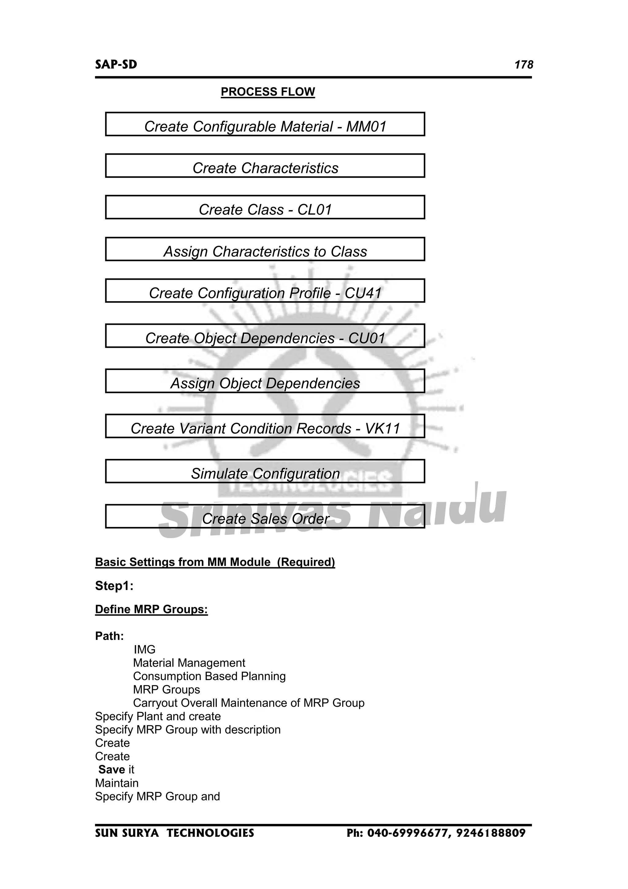 SAP-SD

178
PROCESS FLOW

Create Configurable Material - MM01
Create Characteristics
Create Class - CL01
Assign Characteristics to Class
Create Configuration Profile - CU41
Create Object Dependencies - CU01
Assign Object Dependencies
Create Variant Condition Records - VK11
Simulate Configuration
Create Sales Order
Basic Settings from MM Module (Required)

Step1:
Define MRP Groups:
Path:
IMG
Material Management
Consumption Based Planning
MRP Groups
Carryout Overall Maintenance of MRP Group
Specify Plant and create
Specify MRP Group with description
Create
Create
Save it
Maintain
Specify MRP Group and
SUN SURYA TECHNOLOGIES

Ph: 040-69996677, 9246188809

 