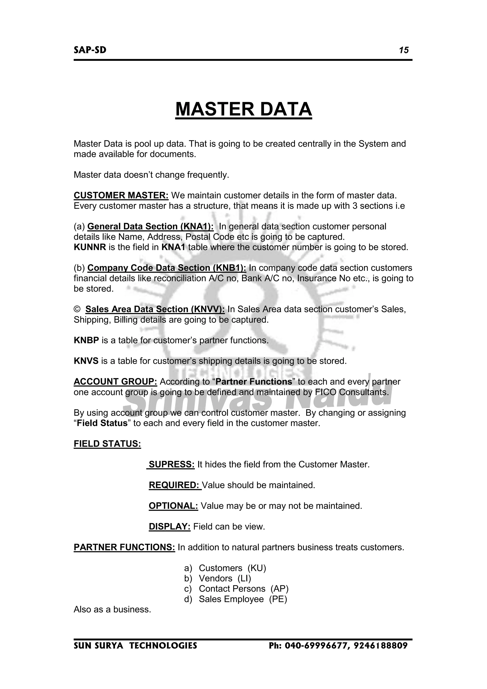 SAP-SD

15

MASTER DATA
Master Data is pool up data. That is going to be created centrally in the System and
made available for documents.
Master data doesn’t change frequently.
CUSTOMER MASTER: We maintain customer details in the form of master data.
Every customer master has a structure, that means it is made up with 3 sections i.e
(a) General Data Section (KNA1): In general data section customer personal
details like Name, Address, Postal Code etc is going to be captured.
KUNNR is the field in KNA1 table where the customer number is going to be stored.
(b) Company Code Data Section (KNB1): In company code data section customers
financial details like reconciliation A/C no, Bank A/C no, Insurance No etc., is going to
be stored.
© Sales Area Data Section (KNVV): In Sales Area data section customer’s Sales,
Shipping, Billing details are going to be captured.
KNBP is a table for customer’s partner functions.
KNVS is a table for customer’s shipping details is going to be stored.
ACCOUNT GROUP: According to “Partner Functions” to each and every partner
one account group is going to be defined and maintained by FICO Consultants.
By using account group we can control customer master. By changing or assigning
“Field Status” to each and every field in the customer master.
FIELD STATUS:
SUPRESS: It hides the field from the Customer Master.
REQUIRED: Value should be maintained.
OPTIONAL: Value may be or may not be maintained.
DISPLAY: Field can be view.
PARTNER FUNCTIONS: In addition to natural partners business treats customers.
a)
b)
c)
d)

Customers (KU)
Vendors (LI)
Contact Persons (AP)
Sales Employee (PE)

Also as a business.

SUN SURYA TECHNOLOGIES

Ph: 040-69996677, 9246188809

 
