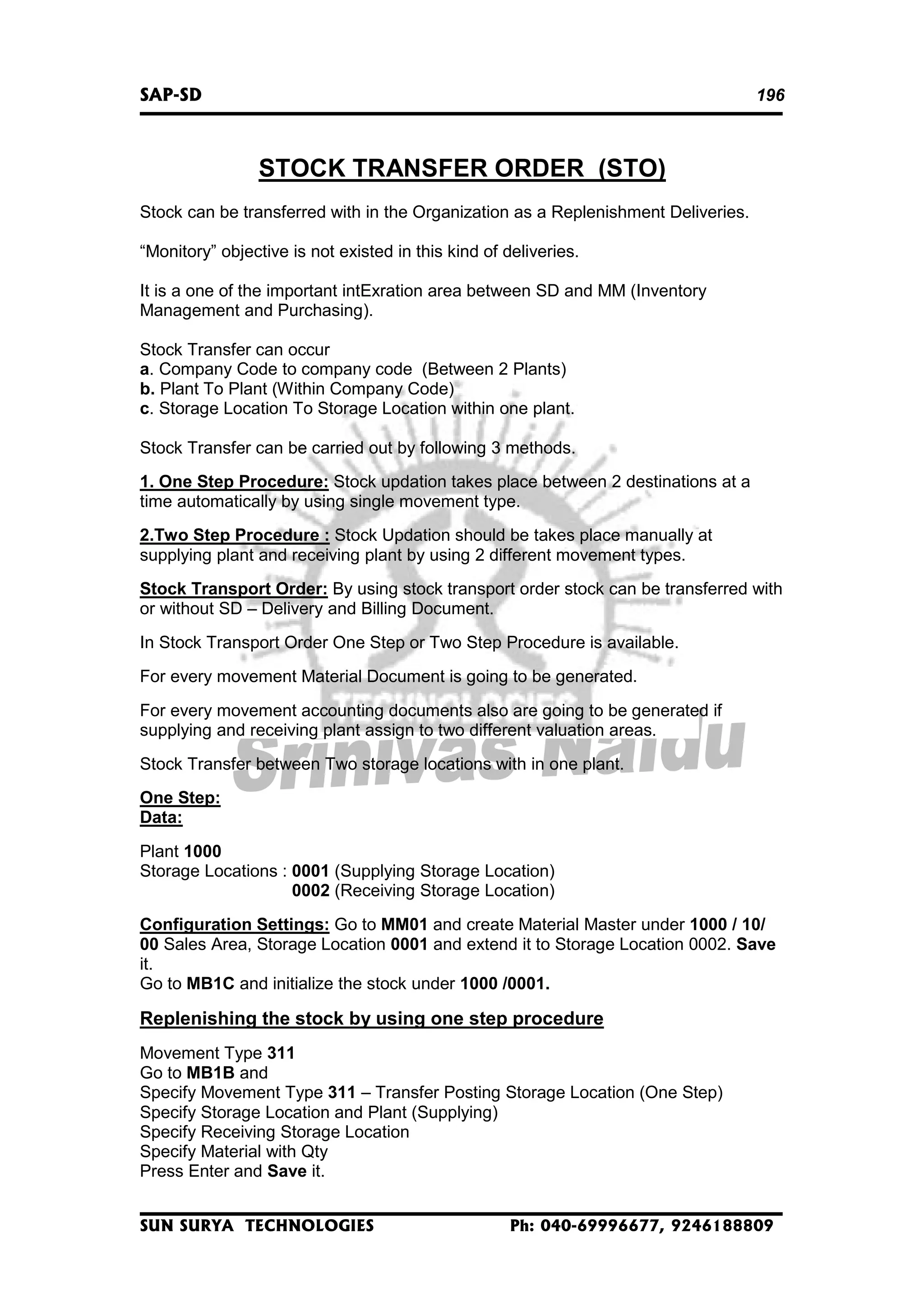 SAP-SD

196

STOCK TRANSFER ORDER (STO)
Stock can be transferred with in the Organization as a Replenishment Deliveries.
“Monitory” objective is not existed in this kind of deliveries.
It is a one of the important intExration area between SD and MM (Inventory
Management and Purchasing).
Stock Transfer can occur
a. Company Code to company code (Between 2 Plants)
b. Plant To Plant (Within Company Code)
c. Storage Location To Storage Location within one plant.
Stock Transfer can be carried out by following 3 methods.
1. One Step Procedure: Stock updation takes place between 2 destinations at a
time automatically by using single movement type.
2.Two Step Procedure : Stock Updation should be takes place manually at
supplying plant and receiving plant by using 2 different movement types.
Stock Transport Order: By using stock transport order stock can be transferred with
or without SD – Delivery and Billing Document.
In Stock Transport Order One Step or Two Step Procedure is available.
For every movement Material Document is going to be generated.
For every movement accounting documents also are going to be generated if
supplying and receiving plant assign to two different valuation areas.
Stock Transfer between Two storage locations with in one plant.
One Step:
Data:
Plant 1000
Storage Locations : 0001 (Supplying Storage Location)
0002 (Receiving Storage Location)
Configuration Settings: Go to MM01 and create Material Master under 1000 / 10/
00 Sales Area, Storage Location 0001 and extend it to Storage Location 0002. Save
it.
Go to MB1C and initialize the stock under 1000 /0001.

Replenishing the stock by using one step procedure
Movement Type 311
Go to MB1B and
Specify Movement Type 311 – Transfer Posting Storage Location (One Step)
Specify Storage Location and Plant (Supplying)
Specify Receiving Storage Location
Specify Material with Qty
Press Enter and Save it.
SUN SURYA TECHNOLOGIES

Ph: 040-69996677, 9246188809

 