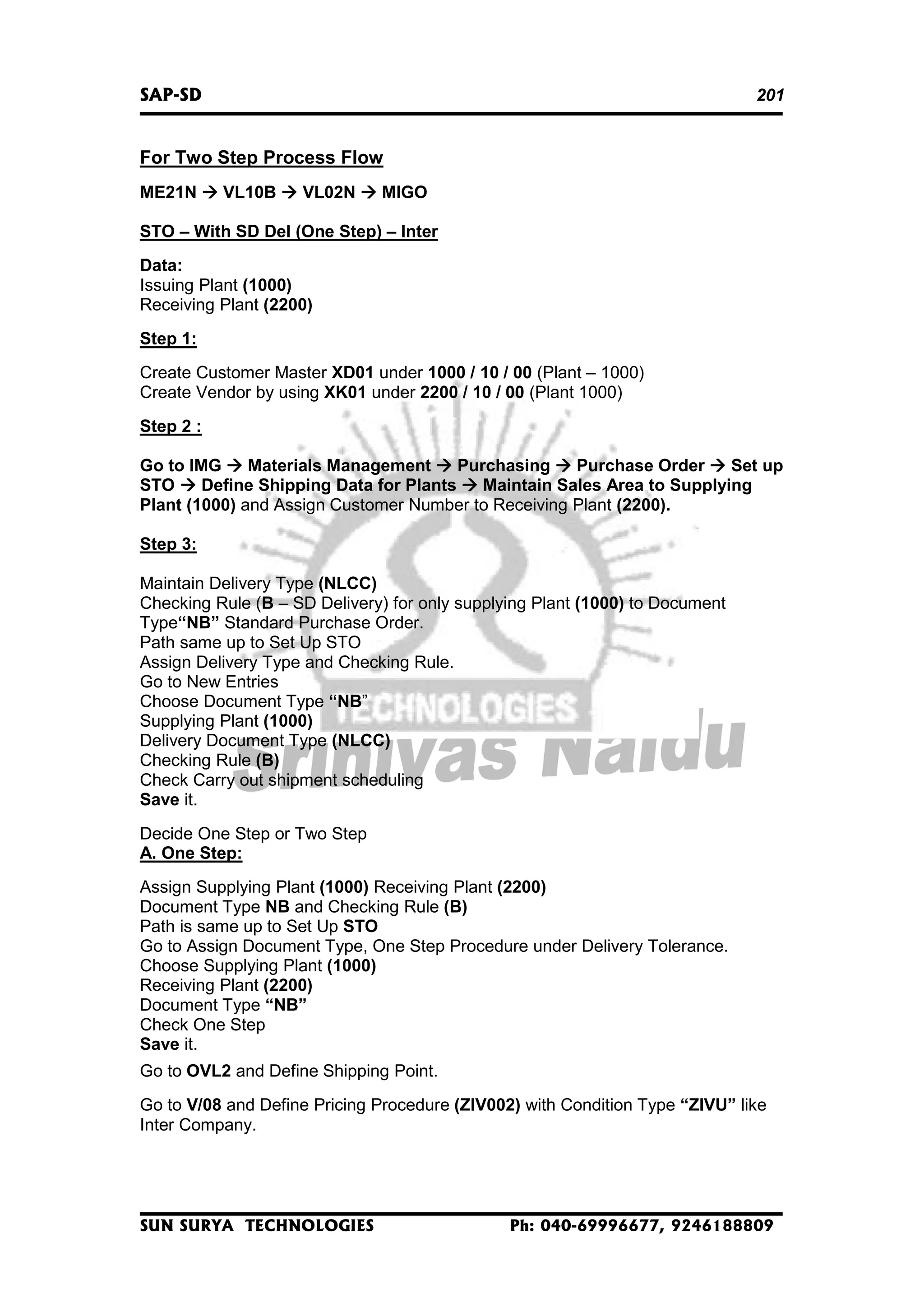 SAP-SD

201

For Two Step Process Flow
ME21N

VL10B

VL02N

MIGO

STO – With SD Del (One Step) – Inter
Data:
Issuing Plant (1000)
Receiving Plant (2200)
Step 1:
Create Customer Master XD01 under 1000 / 10 / 00 (Plant – 1000)
Create Vendor by using XK01 under 2200 / 10 / 00 (Plant 1000)
Step 2 :
Go to IMG
Materials Management
Purchasing
Purchase Order
Set up
STO
Define Shipping Data for Plants
Maintain Sales Area to Supplying
Plant (1000) and Assign Customer Number to Receiving Plant (2200).
Step 3:
Maintain Delivery Type (NLCC)
Checking Rule (B – SD Delivery) for only supplying Plant (1000) to Document
Type“NB” Standard Purchase Order.
Path same up to Set Up STO
Assign Delivery Type and Checking Rule.
Go to New Entries
Choose Document Type “NB”
Supplying Plant (1000)
Delivery Document Type (NLCC)
Checking Rule (B)
Check Carry out shipment scheduling
Save it.
Decide One Step or Two Step
A. One Step:
Assign Supplying Plant (1000) Receiving Plant (2200)
Document Type NB and Checking Rule (B)
Path is same up to Set Up STO
Go to Assign Document Type, One Step Procedure under Delivery Tolerance.
Choose Supplying Plant (1000)
Receiving Plant (2200)
Document Type “NB”
Check One Step
Save it.
Go to OVL2 and Define Shipping Point.
Go to V/08 and Define Pricing Procedure (ZIV002) with Condition Type “ZIVU” like
Inter Company.

SUN SURYA TECHNOLOGIES

Ph: 040-69996677, 9246188809

 