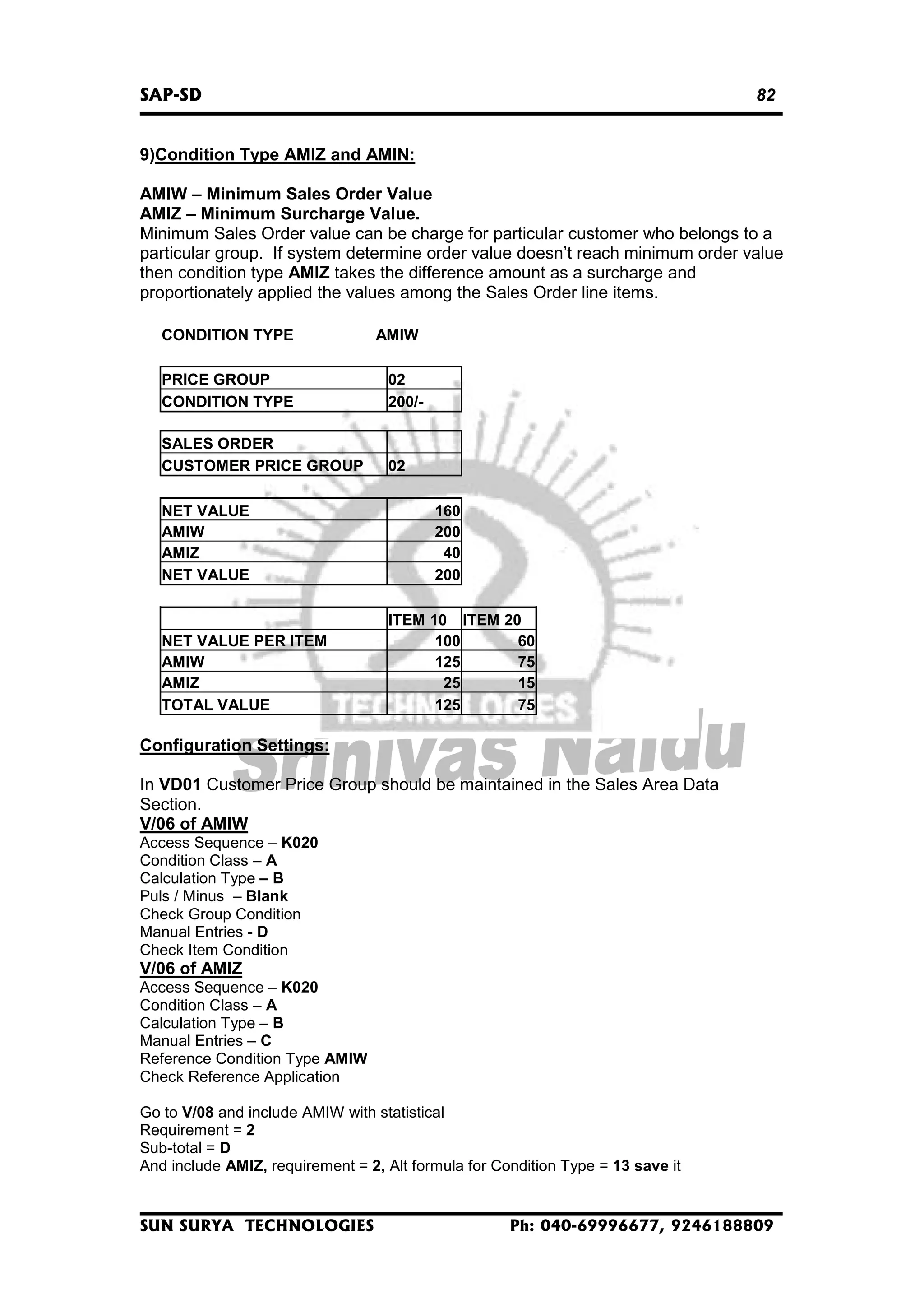 SAP-SD

82

9)Condition Type AMIZ and AMIN:
AMIW – Minimum Sales Order Value
AMIZ – Minimum Surcharge Value.
Minimum Sales Order value can be charge for particular customer who belongs to a
particular group. If system determine order value doesn’t reach minimum order value
then condition type AMIZ takes the difference amount as a surcharge and
proportionately applied the values among the Sales Order line items.
CONDITION TYPE

AMIW

PRICE GROUP
CONDITION TYPE

02
200/-

SALES ORDER
CUSTOMER PRICE GROUP

02

NET VALUE
AMIW
AMIZ
NET VALUE

NET VALUE PER ITEM
AMIW
AMIZ
TOTAL VALUE

160
200
40
200
ITEM 10 ITEM 20
100
60
125
75
25
15
125
75

Configuration Settings:
In VD01 Customer Price Group should be maintained in the Sales Area Data
Section.
V/06 of AMIW
Access Sequence – K020
Condition Class – A
Calculation Type – B
Puls / Minus – Blank
Check Group Condition
Manual Entries - D
Check Item Condition

V/06 of AMIZ
Access Sequence – K020
Condition Class – A
Calculation Type – B
Manual Entries – C
Reference Condition Type AMIW
Check Reference Application
Go to V/08 and include AMIW with statistical
Requirement = 2
Sub-total = D
And include AMIZ, requirement = 2, Alt formula for Condition Type = 13 save it

SUN SURYA TECHNOLOGIES

Ph: 040-69996677, 9246188809

 