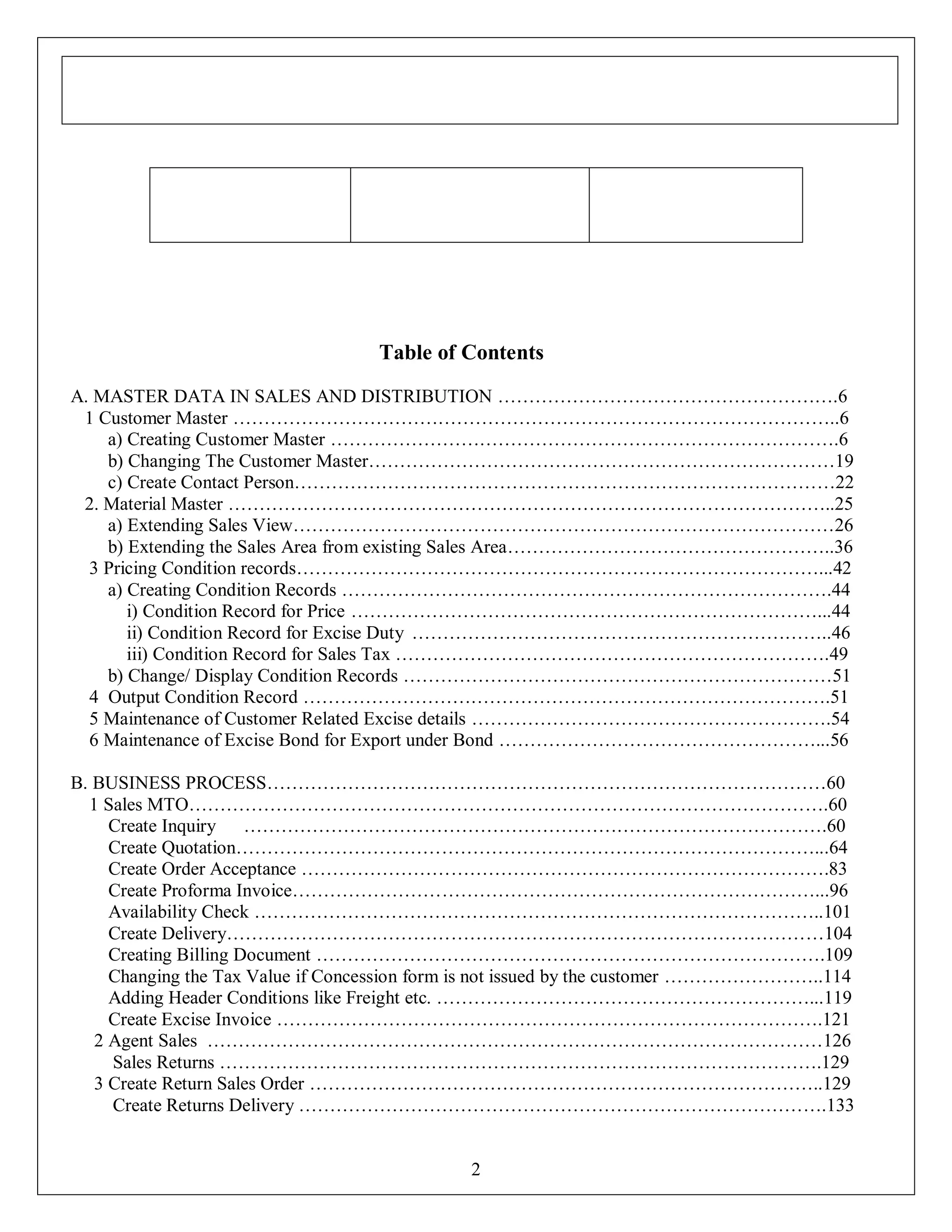 Table of Contents
A. MASTER DATA IN SALES AND DISTRIBUTION ……………………………………………….6
1 Customer Master ……………………………………………………………………………………..6
a) Creating Customer Master ……………………………………………………………………….6
b) Changing The Customer Master…………………………………………………………………19
c) Create Contact Person……………………………………………………………………………22
2. Material Master ……………………………………………………………………………………..25
a) Extending Sales View……………………………………………………………………………26
b) Extending the Sales Area from existing Sales Area……………………………………………..36
3 Pricing Condition records…………………………………………………………………………...42
a) Creating Condition Records …………………………………………………………………….44
i) Condition Record for Price …………………………………………………………………...44
ii) Condition Record for Excise Duty …………………………………………………………..46
iii) Condition Record for Sales Tax …………………………………………………………….49
b) Change/ Display Condition Records ……………………………………………………………51
4 Output Condition Record ………………………………………………………………………….51
5 Maintenance of Customer Related Excise details ………………………………………………….54
6 Maintenance of Excise Bond for Export under Bond ……………………………………………...56
B. BUSINESS PROCESS………………………………………………………………………………60
1 Sales MTO………………………………………………………………………………………….60
Create Inquiry ………………………………………………………………………………….60
Create Quotation…………………………………………………………………………………...64
Create Order Acceptance ………………………………………………………………………….83
Create Proforma Invoice…………………………………………………………………………...96
Availability Check ………………………………………………………………………………..101
Create Delivery……………………………………………………………………………………104
Creating Billing Document ……………………………………………………………………….109
Changing the Tax Value if Concession form is not issued by the customer ……………………..114
Adding Header Conditions like Freight etc. ……………………………………………………...119
Create Excise Invoice …………………………………………………………………………….121
2 Agent Sales ………………………………………………………………………………………126
Sales Returns …………………………………………………………………………………….129
3 Create Return Sales Order ………………………………………………………………………..129
Create Returns Delivery ………………………………………………………………………….133

2

 
