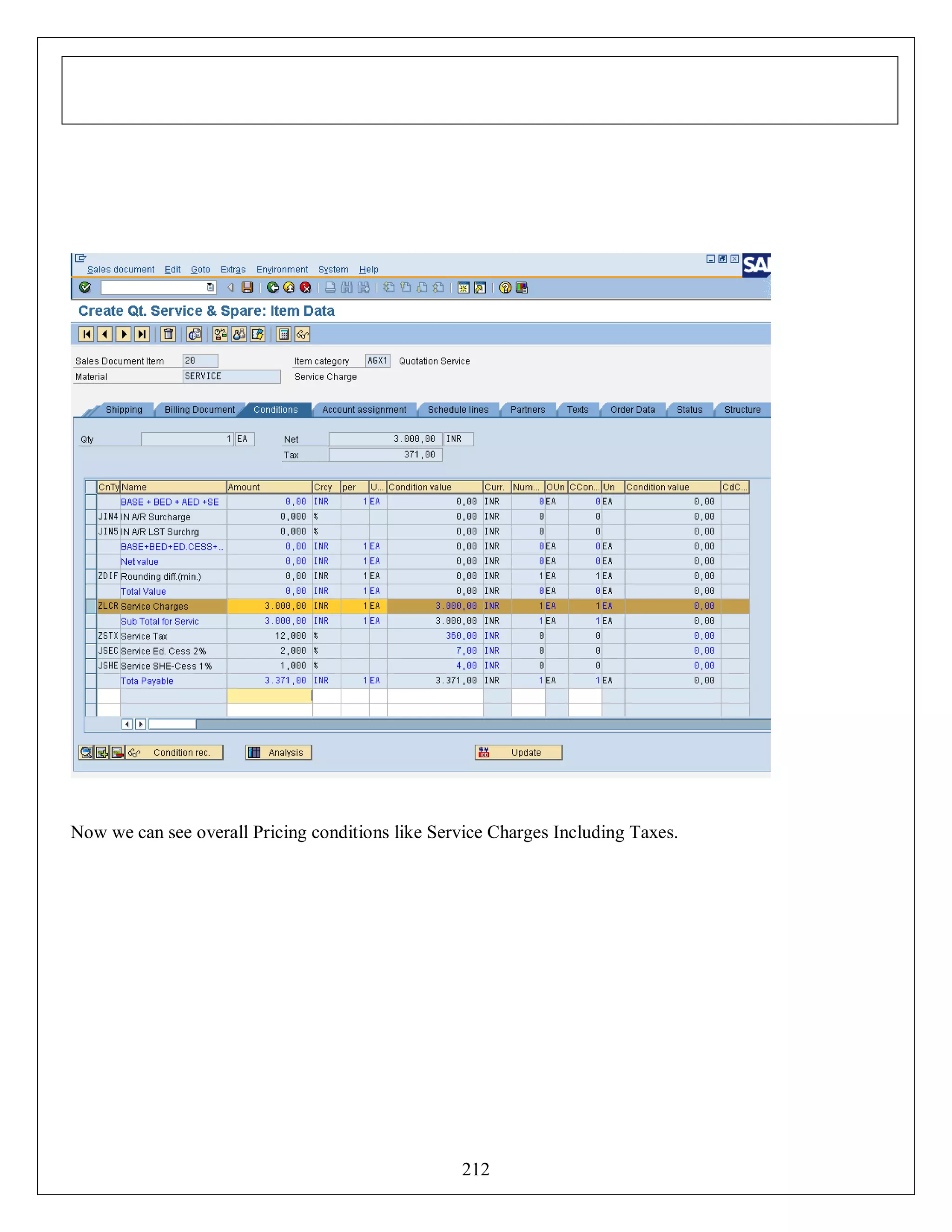 Now we can see overall Pricing conditions like Service Charges Including Taxes.

212

 