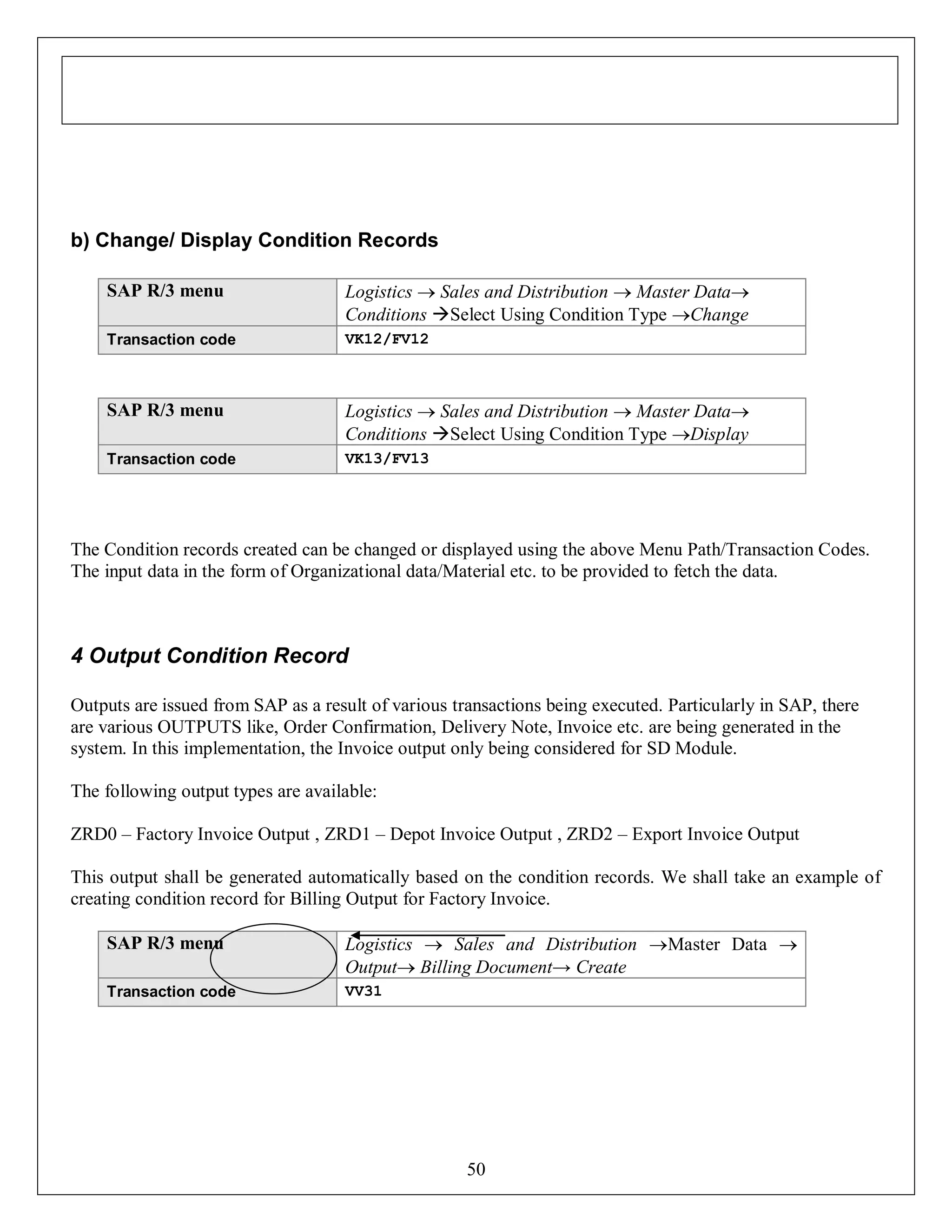 b) Change/ Display Condition Records
SAP R/3 menu

Logistics  Sales and Distribution  Master Data
Conditions Select Using Condition Type Change

Transaction code

VK12/FV12

SAP R/3 menu

Logistics  Sales and Distribution  Master Data
Conditions Select Using Condition Type Display

Transaction code

VK13/FV13

The Condition records created can be changed or displayed using the above Menu Path/Transaction Codes.
The input data in the form of Organizational data/Material etc. to be provided to fetch the data.

4 Output Condition Record
Outputs are issued from SAP as a result of various transactions being executed. Particularly in SAP, there
are various OUTPUTS like, Order Confirmation, Delivery Note, Invoice etc. are being generated in the
system. In this implementation, the Invoice output only being considered for SD Module.
The following output types are available:
ZRD0 – Factory Invoice Output , ZRD1 – Depot Invoice Output , ZRD2 – Export Invoice Output
This output shall be generated automatically based on the condition records. We shall take an example of
creating condition record for Billing Output for Factory Invoice.
SAP R/3 menu

Logistics  Sales and Distribution Master Data 
Output Billing Document→ Create

Transaction code

VV31

50

 