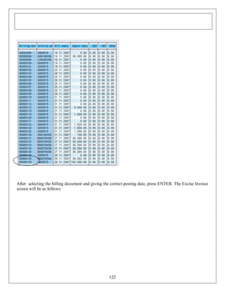 After selecting the billing document and giving the correct posting date, press ENTER. The Excise Invoice
screen will be as follows:

122

 