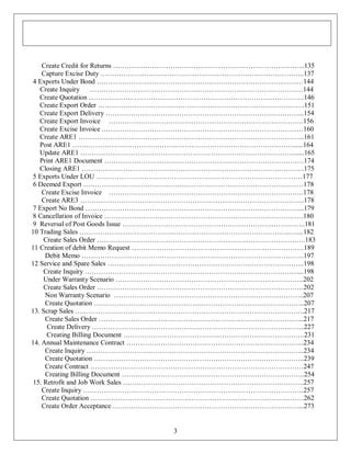 Create Credit for Returns ………………………………………………………………………...135
Capture Excise Duty ……………………………………………………………………………..137
4 Exports Under Bond ………………………………………………………………………………144
Create Inquiry …………………………………………………………………………………144
Create Quotation ………………………………………………………………………………….146
Create Export Order ………………………………………………………………………………151
Create Export Delivery …………………………………………………………………………...154
Create Export Invoice ………………………………………………………………………….156
Create Excise Invoice .……………………………………………………………………………160
Create ARE1 ……………………………………………………………………………………...161
Post ARE1 ……………………………………………………………………………………......164
Update ARE1 …………………………………………………………………………………......165
Print ARE1 Document ……………………………………………………………………………174
Closing ARE1 …………………………………………………………………………………….175
5 Exports Under LOU ………………………………………………………………………………177
6 Deemed Export ……………………………………………………………………………………178
Create Excise Invoice ………………………………………………………………………….178
Create ARE3 ……………………………………………………………………………………..178
7 Export No Bond …………………………………………………………………………………...179
8 Cancellation of Invoice ……………………………………………………………………….. ….180
9 Reversal of Post Goods Issue ……………………………………………………………………..181
10 Trading Sales ………………………………………………………………………………..…....182
Create Sales Order ……………………………………………………………………………….183
11 Creation of debit Memo Request …………………………………………………………………189
Debit Memo …………………………………………………………………………………….197
12 Service and Spare Sales …………………………………………………………………………..198
Create Inquiry …………………………………………………………………………………...198
Under Warranty Scenario ……………………………………………………………………….202
Create Sales Order ………………………………………………………………………………202
Non Warranty Scenario ………………………………………………………………………..207
Create Quotation ………………………………………………………………………………..207
13. Scrap Sales ……………………………………………………………………………………….217
Create Sales Order ……………………………………………………………………………...217
Create Delivery ………………………………………………………………………………...227
Creating Billing Document …………………………………………………………………….231
14. Annual Maintenance Contract …………………………………………………………………...234
Create Inquiry …………………………………………………………………………………..234
Create Quotation ………………………………………………………………………………..239
Create Contract …………………………………………………………………………………247
Creating Billing Document ……………………………………………………………………..254
15. Retrofit and Job Work Sales …………………………………………………………………….257
Create Inquiry ……………………………………………………………………………………257
Create Quotation …………………………………………………………………………………262
Create Order Acceptance ………………………………………………………………………...273

3

 