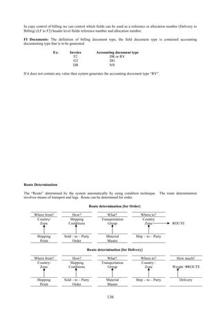 In copy control of billing we can control which fields can be used as a reference or allocation number (Delivery to
Billing) (LF to F2) header level fields reference number and allocation number.

FI Documents: The definition of billing document type, the field document type is contained accounting
documenting type that is to be generated.

                   Ex:        Invoice           Accounting document type
                                F2                     DR or RV
                                G2                     DG
                                DR                     NN

If it does not contain any value then system generates the accounting document type “RV”.




Route Determination

The “Route” determined by the system automatically by using condition technique. The route determination
involves means of transport and legs. Route can be determined for order.

                                           Route determination [for Order]

      Where from?              How?                   What?                  Where to?
       Country/               Shipping             Transportation             Country
        Zone                 Conditions                Group                   Zone               ROUTE


        Shipping          Sold – to – Party           Material            Ship – to – Party
          Point                Order                  Master

                                          Route determination [for Delivery]

      Where from?              How?                   What?                  Where to?               How much?
       Country/               Shipping             Transportation            Country /
        Zone                 Conditions                Group                  Zone                Weight ROUTE


        Shipping          Sold – to – Party           Material            Ship – to – Party            Delivery
          Point                Order                  Master


                                                       136
 