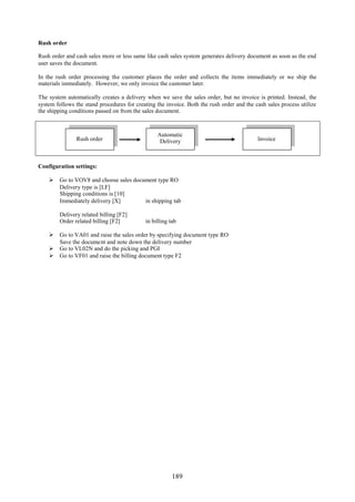Rush order

Rush order and cash sales more or less same like cash sales system generates delivery document as soon as the end
user saves the document.

In the rush order processing the customer places the order and collects the items immediately or we ship the
materials immediately. However, we only invoice the customer later.

The system automatically creates a delivery when we save the sales order, but no invoice is printed. Instead, the
system follows the stand procedures for creating the invoice. Both the rush order and the cash sales process utilize
the shipping conditions passed on from the sales document.



                                                 Automatic
               Rush order                         Delivery                                 Invoice



Configuration settings:

     Go to VOV8 and choose sales document type RO
      Delivery type is [LF]
      Shipping conditions is [10]
      Immediately delivery [X]        in shipping tab

        Delivery related billing [F2]
        Order related billing [F2]          in billing tab

     Go to VA01 and raise the sales order by specifying document type RO
      Save the document and note down the delivery number
     Go to VL02N and do the picking and PGI
     Go to VF01 and raise the billing document type F2




                                                        189
 