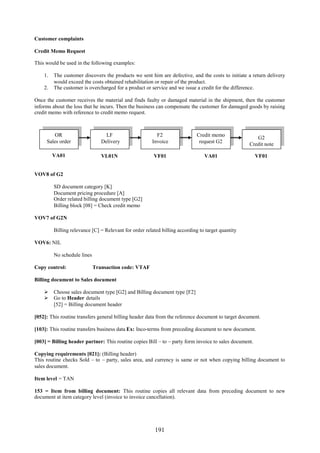 Customer complaints

Credit Memo Request

This would be used in the following examples:

    1.   The customer discovers the products we sent him are defective, and the costs to initiate a return delivery
         would exceed the costs obtained rehabilitation or repair of the product.
    2.   The customer is overcharged for a product or service and we issue a credit for the difference.

Once the customer receives the material and finds faulty or damaged material in the shipment, then the customer
informs about the loss that he incurs. Then the business can compensate the customer for damaged goods by raising
credit memo with reference to credit memo request.



         OR                       LF                     F2                  Credit memo
                                                                                                      G2
     Sales order                Delivery               Invoice                request G2
                                                                                                   Credit note

         VA01                   VL01N                   VF01                    VA01                    VF01


VOV8 of G2

         SD document category [K]
         Document pricing procedure [A]
         Order related billing document type [G2]
         Billing block [08] = Check credit memo

VOV7 of G2N

         Billing relevance [C] = Relevant for order related billing according to target quantity

VOV6: NIL

         No schedule lines

Copy control:                Transaction code: VTAF

Billing document to Sales document

     Choose sales document type [G2] and Billing document type [F2]
     Go to Header details
      [52] = Billing document header

[052]: This routine transfers general billing header data from the reference document to target document.

[103]: This routine transfers business data Ex: Inco-terms from preceding document to new document.

[003] = Billing header partner: This routine copies Bill – to – party form invoice to sales document.

Copying requirements [021]: (Billing header)
This routine checks Sold – to – party, sales area, and currency is same or not when copying billing document to
sales document.

Item level = TAN

153 = Item from billing document: This routine copies all relevant data from preceding document to new
document at item category level (invoice to invoice cancellation).




                                                         191
 
