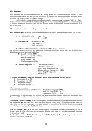 Sales Documents

Sales documents are the core components of SAP’s selling process and sales and distribution module. A sales
document defines how the data is to function, how it is to be displayed, the pricing that happens during the output,
and so on. It is the heartbeat of the sales environment.
          A sales order is a contractual agreement between a sales organization and a customer (Sold – to – Party)
for the supply of services or products over a specific period of time and in certain quantities. A sales order copies
all relevant information and master data from the customer master record and the material master record for a
specific sales area.

Sales related business data maintained/captured into sales documents

Sales document types: According to business transaction sales documents has been categorized into four sections:

         (1) Pre – Sales activities: Ex:      Inquiry (IN)
                                              Quotation (QT)

         (2) Sales order: Ex:        Standard order (OR)
                                     Cash sales (CS)
                                     Rush order (RO)

        (3) Customer outlines agreements: Ex: Contracts and Scheduling Agreements.
The difference between contracts and scheduling agreements is contracts do not have any schedule lines.
Scheduling agreements contains schedule lines.
             Ex: Quantity contracts (NMS)
                 Value contracts (WK1 and WK2)
                 Service contracts (SC)
                 Master contracts (GK)
                 Scheduling agreement (SA)

         (4) Customer complaints: Ex:         Credit memo request (G2)
                                              Debit memo request (L2)
                                              Invoice correction request (RK)
                                              Subsequent free of charge delivery (SDF)
                                              Free of charge delivery (CD)
                                              Returns (RE)

In addition to this we have some sales documents so as to map consignment business process:
      1. Consignment fill up (CF)
      2. Consignment issue (CI)
      3. Consignment returns (CR)
      4. Consignment pick up (CP)

Sales document architecture:
Every sales document is made up with three tiers:      Header level category (VBAK)
                                                       Item level category (VBAP)
                                                       Schedule line category (VBEP)
Depending upon the sales document type schedule line category may be activated or deactivated, according to sales
document architecture these three tiers should be existed.

Header level category: [VBAK]: In each and every sales document data that belongs to whole document captured
into header level. Ex: Sold – to – party, Ship – to – party, Bill – to – party, Payer (Partner functions) and, sales area
order value, etc. The data that going to be stored at header level captured into VBAK table. Header level category
controlled by document type Ex: IN, QT, OR CS, etc.

Item level category: [VBAP]: At item level category data that is going to be stored belongs to a particular item in
the sales order. Ex: Net value, plant, storage location, shipping point, route, etc. Item level category is controlled
by item category itself.
Ex: TAN (Standard item), TANN (Free of charge item), TATX (Text item). The data that is going to be stored at
item level captured into VBAP table.




                                                           71
 