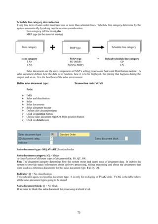 Schedule line category determination
Every line item of sales order must have one or more than schedule lines. Schedule line category determine by the
system automatically by taking two factors into consideration:
         Item category (of line item) plus
         MRP type (in the material master)



    Item category                                  MRP type                             Schedule line category



    Item category                                MRP type                 =      Default schedule line category
        TAN                                      PD (MRP)                                     CP
        TAN                                     ND (No MRP)                                   CN

         Sales documents are the core components of SAP’s selling process and Sales and Distribution module. A
sales document defines how the data is to function, how it is to be displayed, the pricing that happens during the
output, and so on. It is the heartbeat of the sales environment.

Define sales document type:                            Transaction code: VOV8

         Path:

        IMG
        Sales and distribution
        Sales
        Sales documents
        Sales document header
        Define sales document types
        Click on position button
        Choose sales document type OR from position button
        Click on details icon




Sales document type: OR [AVART] Standard order

Sales document category: [C] = Order
A classification of different types of documents Ex: IN, QT, OR.
Use: The document category determines how the system stores and keeps track of document data. It enables the
system to provide status information about delivery processing, billing processing and about the documents that
were used as a reference documents for this sales document type. Ex: IN, QT.

Indicator: [] = No classification.
This indicator again, to classifies document type. It is only for to display in TVAK table. TVAK is the table where
all the sales document types going to be stored.

Sales document block: [] = No block
If we want to block this sales document for processing at client level.




                                                          73
 
