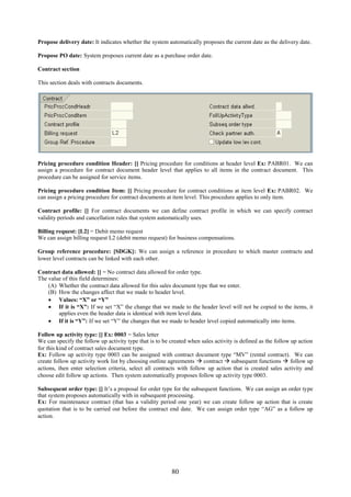Propose delivery date: It indicates whether the system automatically proposes the current date as the delivery date.

Propose PO date: System proposes current date as a purchase order date.

Contract section

This section deals with contracts documents.




Pricing procedure condition Header: [] Pricing procedure for conditions at header level Ex: PABR01. We can
assign a procedure for contract document header level that applies to all items in the contract document. This
procedure can be assigned for service items.

Pricing procedure condition Item: [] Pricing procedure for contract conditions at item level Ex: PABR02. We
can assign a pricing procedure for contract documents at item level. This procedure applies to only item.

Contract profile: [] For contract documents we can define contract profile in which we can specify contract
validity periods and cancellation rules that system automatically uses.

Billing request: [L2] = Debit memo request
We can assign billing request L2 (debit memo request) for business compensations.

Group reference procedure: [SDGK]: We can assign a reference in procedure to which master contracts and
lower level contracts can be linked with each other.

Contract data allowed: [] = No contract data allowed for order type.
The value of this field determines:
    (A) Whether the contract data allowed for this sales document type that we enter.
    (B) How the changes affect that we made to header level.
     Values: “X” or “Y”
     If it is “X”: If we set “X” the change that we made to the header level will not be copied to the items, it
        applies even the header data is identical with item level data.
     If it is “Y”: If we set “Y” the changes that we made to header level copied automatically into items.

Follow up activity type: [] Ex: 0003 = Sales letter
We can specify the follow up activity type that is to be created when sales activity is defined as the follow up action
for this kind of contract sales document type.
Ex: Follow up activity type 0003 can be assigned with contract document type “MV” (rental contract). We can
create follow up activity work list by choosing outline agreements  contract  subsequent functions  follow up
actions, then enter selection criteria, select all contracts with follow up action that is created sales activity and
choose edit follow up actions. Then system automatically proposes follow up activity type 0003.

Subsequent order type: [] It’s a proposal for order type for the subsequent functions. We can assign an order type
that system proposes automatically with in subsequent processing.
Ex: For maintenance contract (that has a validity period one year) we can create follow up action that is create
quotation that is to be carried out before the contract end date. We can assign order type “AG” as a follow up
action.




                                                         80
 