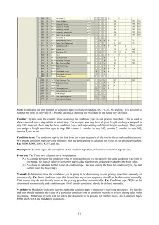 Step: It indicates the step number of condition type in pricing procedure. Ex: 10, 20, 30, and etc. It is possible to
number the steps in intervals of 1, but this can make changing the procedure in the future very difficult.

Counter: System uses the counter while accessing the condition types in our pricing procedure. This is used to
show a second mini – step within an actual step. For example, you may have all your freight surcharges assigned to
step 100; however, there may be three condition types, each representing a different freight surcharge. Thus, you8
can assign a freight condition type to step 100, counter 1; another to step 100, counter 2; another to step 100,
counter 3; and so on.

Condition type: The condition type is the link from the access sequence all the way to the actual condition record.
We specify condition types (pricing elements) that are participating to calculate net value in our pricing procedure.
Ex: PR00, K004, K005, K007, and etc.

Description: System copies the description of the condition type from definition of condition type (V/06).

From and To: These two columns serve two purposes.
   (A) As a range between the condition types of some conditions we can specify the same condition type with in
       one range. So that all values of condition types added together and deducted or added to the base value.
   (B) As a base to calculate further value of condition type. We can specify the base for condition type. So that
       system takes the base (step).

Manual: It determines how the condition type is going to be determining in our pricing procedure manually or
automatically. Ex: Some condition types that do not have any access sequence should/can be determined manually.
That means they do not directly come to the pricing procedure automatically. Ex: Condition type PR00 can be
determined automatically and condition type HA00 (header condition) should be defined manually.

Mandatory: Mandatory indicates that the particular condition type is mandatory in pricing procedure. So that the
end user should maintain the value of a particular condition type in condition records or at least during sales order
processing. Otherwise system will not allow the document to be process for further move. Ex: Condition types
PR00 and MWST are mandatory conditions.




                                                         94
 