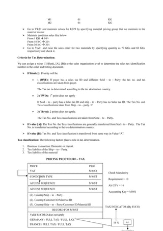 116
M1 01 KG
M2 01 KG
 Go to VK11 and maintain values for K029 by specifying material pricing group that we maintain in the
material master
 Maintain condition sales like below:
From 1 KG  10/-
From 10 KG  20/-
From 30 KG  30/-
 Go to VA01 and raise the sales order for two materials by specifying quantity as 70 KGs and 60 KGs
respectively and check it.
Criteria for Tax Determination:
We can assign a value ([] Blank, [A], [B]) at the sales organization level to determine the sales tax identification
number in the order and billing document.
 If blank []: Priority will be
 1 (ONE): If payer has a sales tax ID and different Sold – to – Party, the tax no. and tax
classifications are taken from payer.
The Tax no. is determined according to the tax destination country.
 2 (TWO): 1
st
point does not apply
If Sold – to – party has a Sales tax ID and ship – to – Party has no Sales tax ID. The Tax No. and
Tax classifications takes from Ship – to – party. IF
 3 (Three): 2 points does not apply.
The Tax No. and Tax classifications are taken from Sold – to – Party.
 If value [A]: The Tax No. the Tax classifications are generally transferred from Sod – to – Party. The Tax
No. is transferred according to the tax determination country.
 If value [B]: Tax No. and Tax classification is transferred from same way in Value “A”.
Tax classification: The following factors place a role in tax determination.
1. Business transaction: Domestic or Import.
2. Tax liability of the Ship – to – Party.
3. Tax liability of the material
PRICING PROCEDURE – TAX
PRICE PR00
VAT MWST
ACCESS SEQUENCE MWST
RECORD FOR MWST
(1). Country/Ship – to – Party
(2). Country/Customer ID/Material ID
(3). Country/Ship – to – Party/Customer ID/Material ID
Valid RECORD does not apply
GERMANY / FULL TAX / FULL TAX
FRANCE / FULL TAX / FULL TAX
CONDITION TYPE MWST
ACCESS SEQUENCE MWST
16 %
TAX INDICATOR (By FI/CO)
A1
Check Mandatory
Requirement = 10
Alt CBV = 16
Accounting Key = MWS
 