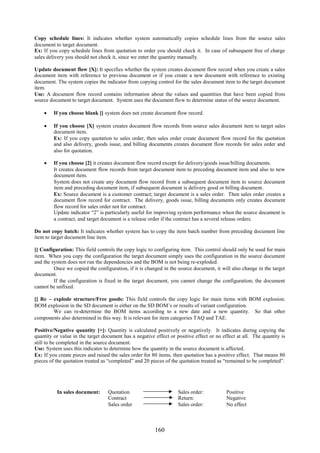 160
Copy schedule lines: It indicates whether system automatically copies schedule lines from the source sales
document to target document.
Ex: If you copy schedule lines from quotation to order you should check it. In case of subsequent free of charge
sales delivery you should not check it, since we enter the quantity manually.
Update document flow [X]: It specifies whether the system creates document flow record when you create a sales
document item with reference to previous document or if you create a new document with reference to existing
document. The system copies the indicator from copying control for the sales document item to the target document
item.
Use: A document flow record contains information about the values and quantities that have been copied from
source document to target document. System uses the document flow to determine status of the source document.
 If you choose blank [] system does not create document flow record.
 If you choose [X] system creates document flow records from source sales document item to target sales
document item.
Ex: If you copy quotation to sales order, then sales order create document flow record for the quotation
and also delivery, goods issue, and billing documents creates document flow records for sales order and
also for quotation.
 If you choose [2] it creates document flow record except for delivery/goods issue/billing documents.
It creates document flow records from target document item to preceding document item and also to new
document item.
System does not create any document flow record from a subsequent document item to source document
item and preceding document item, if subsequent document is delivery good or billing document.
Ex: Source document is a customer contract; target document is a sales order. Then sales order creates a
document flow record for contract. The delivery, goods issue, billing documents only creates document
flow record for sales order not for contract.
Update indicator “2” is particularly useful for improving system performance when the source document is
a contract, and target document is a release order if the contract has a several release orders.
Do not copy batch: It indicates whether system has to copy the item batch number from preceding document line
item to target document line item.
[] Configuration: This field controls the copy logic to configuring item. This control should only be used for main
item. When you copy the configuration the target document simply uses the configuration in the source document
and the system does not run the dependencies and the BOM is not being re-exploded.
Once we copied the configuration, if it is changed in the source document, it will also change in the target
document.
If the configuration is fixed in the target document, you cannot change the configuration; the document
cannot be unfixed.
[] Re – explode structure/Free goods: This field controls the copy logic for main items with BOM explosion.
BOM explosion in the SD document is either on the SD BOM’s or results of variant configuration.
We can re-determine the BOM items according to a new date and a new quantity. So that other
components also determined in this way. It is relevant for item categories TAQ and TAE.
Positive/Negative quantity [+]: Quantity is calculated positively or negatively. It indicates during copying the
quantity or value in the target document has a negative effect or positive effect or no effect at all. The quantity is
still to be completed in the source document.
Use: System uses this indicator to determine how the quantity in the source document is affected.
Ex: If you create pieces and raised the sales order for 80 items, then quotation has a positive effect. That means 80
pieces of the quotation treated as “completed” and 20 pieces of the quotation treated as “remained to be completed”.
In sales document: Quotation Sales order: Positive
Contract Return: Negative
Sales order Sales order: No effect
 