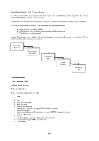 173
Material determination [OR] Product selection
In SAP so as to swap the order material with other material this kind of feature can be mapped for the business
scenarios like when the business wants to provide:
In other words it is possible to use the condition technique to substitute one material in the sales order for another.
It can also be used to swap a customer’s part number for the business part number.
A – Same material with special packing.
B – If the business wants to change material number with EAN numbers.
C – The old stock is to be exhausted.
Material determination can be used for Advertising campaign or Internet article number or promotion. SAP uses
condition technique for material determination.
Configuration steps:
Create Condition Tables
Maintain Access Sequence
Define Condition types
Define Material determination procedure
Path:
 IMG
 Sales and distribution
 Basic functions
 Material determination
 Maintain pre – requisites for material determination procedure
 Maintain procedure
 Choose standard material determination procedure A00001 from position button
 Click on copy as icon
 Rename
 Select it and click on control data under dialog structure
 Check condition type A001 is existed or not
 Save and Exit
Condition
Records
Condition
Type
Determination
Procedure
Condition
Table
Access
Sequence
 
