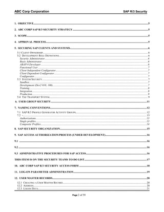 ABC Corp Corporation

SAP R/3 Security

1. OBJECTIVE...........................................................................................................................................................................5
2. ABC CORP SAP R/3 SECURITY STRATEGY................................................................................................................5
3. SCOPE.....................................................................................................................................................................................5
4. APPROVAL PROCESS........................................................................................................................................................5
5. SECURING SAP CLIENTS AND SYSTEMS....................................................................................................................6
5.1 CLIENT OWNERSHIP.................................................................................................................................................... 6
5.2 DEVELOPMENT ROLE DEFINITIONS............................................................................................................................. 6
Security Administrator..........................................................................................................................................................6
Basis Administrator..............................................................................................................................................................6
ABAP/4 Developer................................................................................................................................................................6
Functional User ...................................................................................................................................................................7
Client Independent Configurator.........................................................................................................................................7
Client Dependent Configurator............................................................................................................................................7
Configurator.........................................................................................................................................................................7
5.3 SYSTEM SECURITY..................................................................................................................................................... 7
Sandbox.................................................................................................................................................................................7
Development (Dev2 010, 100)..............................................................................................................................................7
Training.................................................................................................................................................................................8
Integration............................................................................................................................................................................8
Production.............................................................................................................................................................................9
5.4 THE TRANSPORT SYSTEM........................................................................................................................................... 9
6. USER GROUP SECURITY...............................................................................................................................................11
7. NAMING CONVENTIONS................................................................................................................................................12
7.1 SAP R/3 PROFILE GENERATOR ACTIVITY GROUPS....................................................................................................12
7.2 -.............................................................................................................................................................................. 13
Authorizations.....................................................................................................................................................................13
Single profiles.....................................................................................................................................................................13
Composite Profiles..............................................................................................................................................................14
8. SAP SECURITY ORGANIZATION.................................................................................................................................15
9. SAP ACCESS AUTHORIZATION/PROCESS (UNDER DEVELOPMENT).............................................................16
9.1 ..............................................................................................................................................................................................16
9.2 ...............................................................................................................................................................................................16
9.3 ADMINISTRATIVE PROCEDURES FOR SAP ACCESS..........................................................................................16
THIS ITEM IS ON THE SECURITY TEAMS TO DO LIST.............................................................................................17
10. ABC CORP SAP R/3 SECURITY ACCESS FORM ....................................................................................................18
11. LOG-ON PARAMETER ADMINISTRATION.............................................................................................................19
12. USER MASTER RECORDS............................................................................................................................................20
12.1 CREATING A USER MASTER RECORD...................................................................................................................... 20
12.2 ADDRESS............................................................................................................................................................... 20
12.3 LOGON DATA......................................................................................................................................................... 21
Page 2

of 59

 