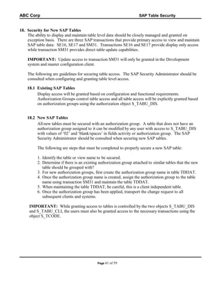 ABC Corp

SAP Table Security

18. Security for New SAP Tables
The ability to display and maintain table level data should be closely managed and granted on
exception basis. There are three SAP transactions that provide primary access to view and maintain
SAP table data: SE16, SE17 and SM31. Transactions SE16 and SE17 provide display only access
while transaction SM31 provides direct table update capabilities.
IMPORTANT: Update access to transaction SM31 will only be granted in the Development
system and master configuration client.
The following are guidelines for securing table access. The SAP Security Administrator should be
consulted when configuring and granting table level access.
18.1 Existing SAP Tables
Display access will be granted based on configuration and functional requirements.
Authorization Groups control table access and all table access will be explicitly granted based
on authorization groups using the authorization object S_TABU_DIS.
18.2 New SAP Tables
All new tables must be secured with an authorization group. A table that does not have an
authorization group assigned to it can be modified by any user with access to S_TABU_DIS
with values of ‘02’ and ‘blank/spaces’ in fields activity or authorization group. The SAP
Security Administrator should be consulted when securing new SAP tables.
The following are steps that must be completed to properly secure a new SAP table:
1. Identify the table or view name to be secured.
2. Determine if there is an existing authorization group attached to similar tables that the new
table should be grouped with?
3. For new authorization groups, first create the authorization group name in table TDDAT.
4. Once the authorization group name is created, assign the authorization group to the table
name using transaction SM31 and maintain the table TDDAT.
5. When maintaining the table TDDAT, be careful, this is a client independent table.
6. Once the authorization group has been applied, transport the change request to all
subsequent clients and systems.
IMPORTANT: While granting access to tables is controlled by the two objects S_TABU_DIS
and S_TABU_CLI, the users must also be granted access to the necessary transactions using the
object S_TCODE.

Page 41

of 59

 