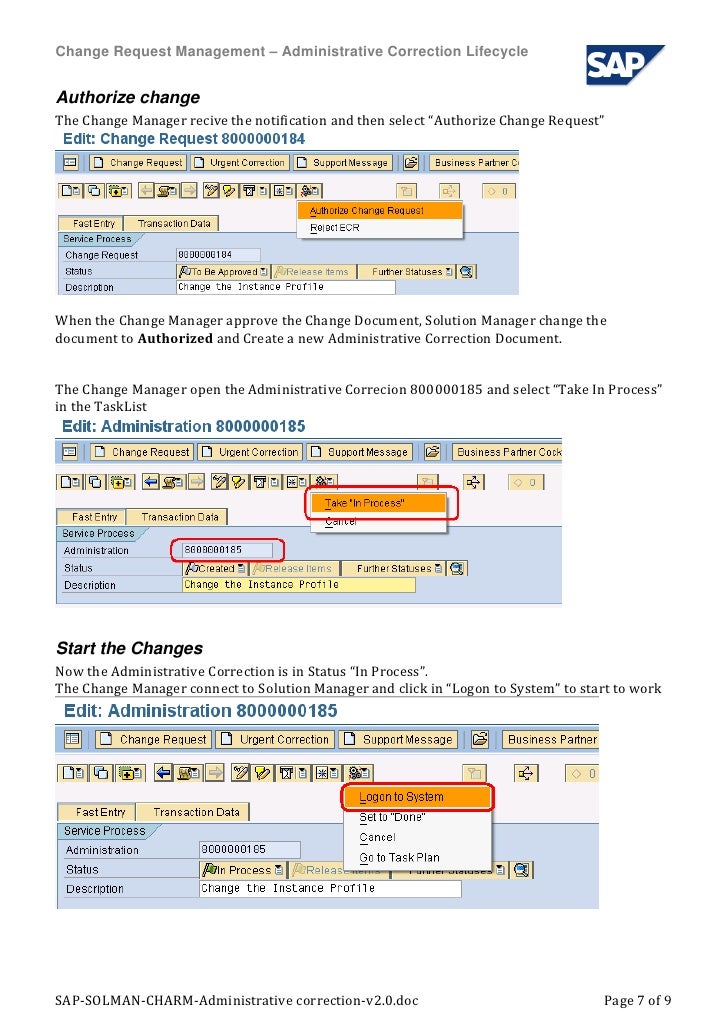 sap solution manager administrative correction