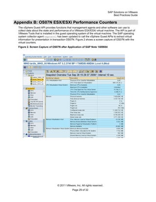 SAP Solutions on VMware
Best Practices Guide
© 2011 VMware, Inc. All rights reserved.
Page 29 of 32
Appendix B: OS07N ESX/ESXi Performance Counters
The vSphere Guest API provides functions that management agents and other software can use to
collect data about the state and performance of a VMware ESX/ESXi virtual machine. The API is part of
VMware Tools that is installed in the guest operating system of the virtual machine. The SAP operating
system collector agent saposcol has been updated to call the vSphere Guest APIs to extract virtual
information for presentation in transaction OS07N. Figure 2 shows a screen capture of OS07N with the
virtual counters.
Figure 2. Screen Capture of OS07N after Application of SAP Note 1409604
 