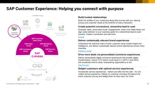 15PUBLIC© 2018 SAP SE or an SAP affiliate company. All rights reserved. ǀ
SAP Customer Experience: Helping you connect with purpose
Customer
Experience
Manufacturing
& Supply Chain
Digital
Core People
Engagement
Network & Spend
Management
Data
Management
Cloud
Platform
Intelligent Technologies
SAP
C/4HANA
SAP Commerce
Cloud
SAP Sales
Cloud
SAP Customer
Data Cloud
SAP Service
Cloud
SAP Marketing
Cloud
Build trusted relationships
Build rich profiles of your customers along their journey with you, placing
privacy and customer needs at the forefront of every interaction.
Create powerful connections, streamline lead to cash
Empower sales, personalize buyer engagements, close more deals faster and
align sales behavior to your business goals for a streamlined lead-to-cash
process. Create a connection and sell more.
(Vestas)
Deliver contextually relevant brand experiences
Understand the real-time intent of each customer using market insight and
intelligence, and deliver contextually relevant brand experiences across many
channels.
(Palladium Hotels)
Drive more deals via personalized commerce experiences
Deliver personalized digital commerce experiences that simplify digital
transformation, reduce TCO (which could result in a 307% 3 year ROI),
and accelerate time-to-value, empowering organizations to win.
(New Era Cap)
Delight customers with optimal service experiences
Orchestrate service experiences – before and after the first sale – for one
unified service experience. Deliver on customer promises throughout the
entire customer journey and delight them so they return for more.
 