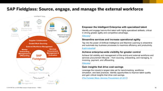 19PUBLIC© 2018 SAP SE or an SAP affiliate company. All rights reserved. ǀ
SAP Fieldglass: Source, engage, and manage the external workforce
Customer
Experience
Manufacturing
& Supply Chain
Digital
Core People
Engagement
Network & Spend
Management
Data
Management
Cloud
Platform
SAP
Fieldglass
Empower the Intelligent Enterprise with specialized talent
Identify and engage hard-to-find talent with highly specialized skillsets, critical
in driving greater agility and competitive advantage.
(Sikorsky)
Streamline services and increase operational agility
Tap into the power of Artificial Intelligence and Machine Learning to streamline
and automate key business processes to maximize efficiency and productivity.
(Light industrial)
Achieve enterprise-wide visibility for greater control
Achieve full visibility and management of the end-to-end external workforce and
services procurement lifecycle – from sourcing, onboarding, and managing, to
invoicing, payment, and offboarding.
(Sikorsky)
Gain insights that drive cost savings
Leverage the industry’s largest data set for benchmarking, workforce
simulation, and best practices. Identify opportunities to improve talent quality
and gain critical insights that drive cost savings.
(The Forrester Wave: Services Procurement, Q1 2017)
Services
Procurement,
Management &
Evaluation
Worker
Onboarding,
Management &
Offboarding
Guided Work Sourcing
External Workforce Management
Supplier Collaboration
Intelligent Technologies
 