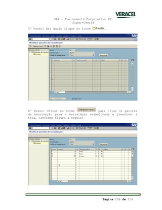 SAP - Treinamento Corporativo PM
(Super-Users)
Página 108 de 256
5º Passo: Dar duplo clique no ícone .
6º Passo: Clicar no botão para criar os pacotes
de manutenção para a estratégia selecionada e preencher a
tela, conforme figura a seguir:
 