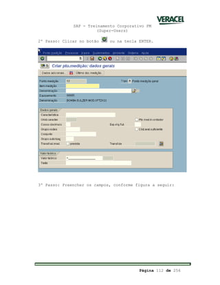 SAP - Treinamento Corporativo PM
(Super-Users)
Página 112 de 256
2º Passo: Clicar no botão ou na tecla ENTER.
3º Passo: Preencher os campos, conforme figura a seguir:
 