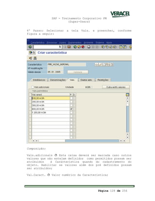 SAP - Treinamento Corporativo PM
(Super-Users)
Página 128 de 256
4º Passo: Selecionar a tela Vals. e preencher, conforme
figura a seguir:
Composição:
Vals.adicionais ð Esta caixa deverá ser marcada caso outros
valores que não estejam definidos como permitidos possam ser
atribuídos à Característica quando do cadastramento do
objeto. Habilitar se valores além dos pré definidos possam
ser atribuídos;
Val.Caract. ð Valor numérico da Característica;
 
