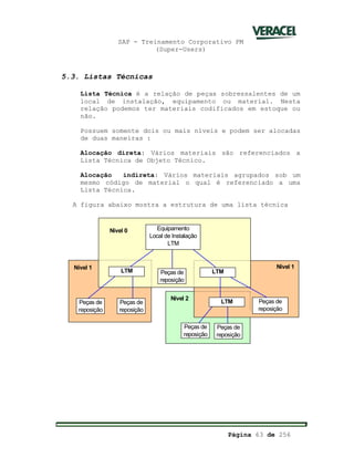 SAP - Treinamento Corporativo PM
(Super-Users)
Página 63 de 256
5.3. Listas Técnicas
Lista Técnica é a relação de peças sobressalentes de um
local de instalação, equipamento ou material. Nesta
relação podemos ter materiais codificados em estoque ou
não.
Possuem somente dois ou mais níveis e podem ser alocadas
de duas maneiras :
Alocação direta: Vários materiais são referenciados a
Lista Técnica de Objeto Técnico.
Alocação indireta: Vários materiais agrupados sob um
mesmo código de material o qual é referenciado a uma
Lista Técnica.
A figura abaixo mostra a estrutura de uma lista técnica
Equipamento
Local de Instalação
LTM
LTM Peças de
reposição
LTM
Peças de
reposição
Peças de
reposição
Peças de
reposição
Nível 0
Nível 1 Nível 1
Nível 2
Peças de
reposição
Peças de
reposição
LTM
 