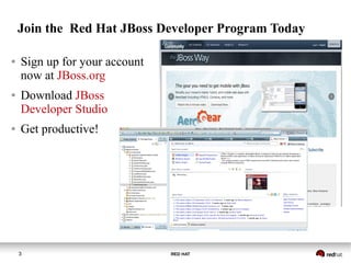 RED HAT3
Join the Red Hat JBoss Developer Program Today
● Sign up for your account
now at JBoss.org
● Download JBoss
Developer Studio
● Get productive!
 