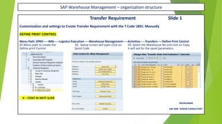SAP Warehouse Management – organization structure
Transfer Requirement Slide 1
Customization and settings to Create Transfer Requirement with the T Code LB01: Manually
DEFINE PRINT CONTROL
Menu Path: SPRO-----IMG-----Logistics Execution-----Warehouse Management-----Activities-----Transfers-----Define Print Control
01.Menu path to create the 02. below screen will open Click on 03. Select the Warehouse No and click on Copy
Define print Control Spool Code it will ask for the spool parameters.
X – CONT IN NEXT SLIDE
RAVIKUMAR.
SAP MM SENIOR CONSULTANT
 