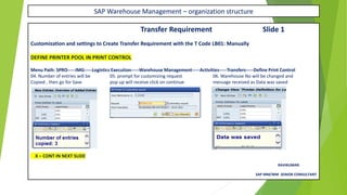 SAP Warehouse Management – organization structure
Transfer Requirement Slide 1
Customization and settings to Create Transfer Requirement with the T Code LB01: Manually
DEFINE PRINTER POOL IN PRINT CONTROL
Menu Path: SPRO-----IMG-----Logistics Execution-----Warehouse Management-----Activities-----Transfers-----Define Print Control
04. Number of entries will be 05. prompt for customizing request 06. Warehouse No will be changed and
Copied , then go for Save pop up will receive click on continue message received as Data was saved
X – CONT IN NEXT SLIDE
RAVIKUMAR.
SAP MM/WM SENIOR CONSULTANT
 