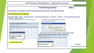 SAP Warehouse Management – organization structure
Transfer Requirement Slide 1
Customization and settings to Create Transfer Requirement with the T Code LB01: Manually
DEFINE PROFILES PRINT CONTROL
Menu Path: SPRO-----IMG-----Logistics Execution-----Warehouse Management-----Activities-----Transfers-----Processing Performance Data
/ To Split-----Define Profiles
04. Change the Warehouse No and Save the Details 05. Prompt for Customizing request will open
Click on continue or enter.
06. Warehouse Number will be changed, and data will be saved
3.
X – CONT IN NEXT SLIDE
RAVIKUMAR.
SAP MM/WM SENIOR CONSULTANT
 