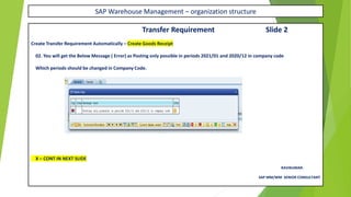 SAP Warehouse Management – organization structure
Transfer Requirement Slide 2
Create Transfer Requirement Automatically – Create Goods Receipt
02. You will get the Below Message ( Error) as Posting only possible in periods 2021/01 and 2020/12 in company code
Which periods should be changed in Company Code.
X – CONT IN NEXT SLIDE
RAVIKUMAR.
SAP MM/WM SENIOR CONSULTANT
 
